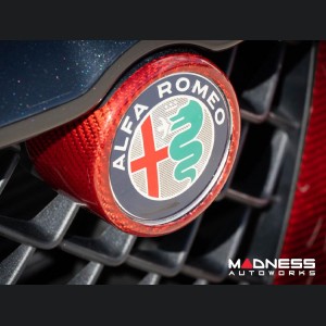 Alfa Romeo Stelvio Front V Shield Grill Frame + Emblem Frame Kit - Carbon Fiber - Red Candy - QV Model